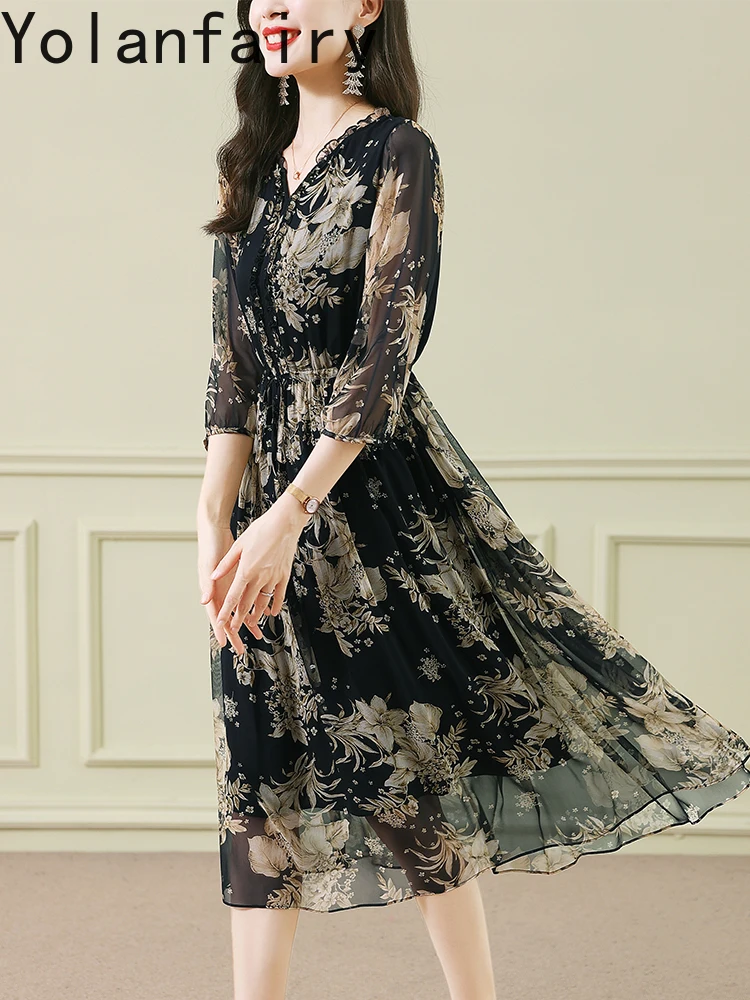 YOLANFAIRY 100% فستان حريري التوت الحقيقي للمرأة الصيف ضوء فاخر أنيق فستان زهري فساتين عطلة طويلة ملابس حريمي