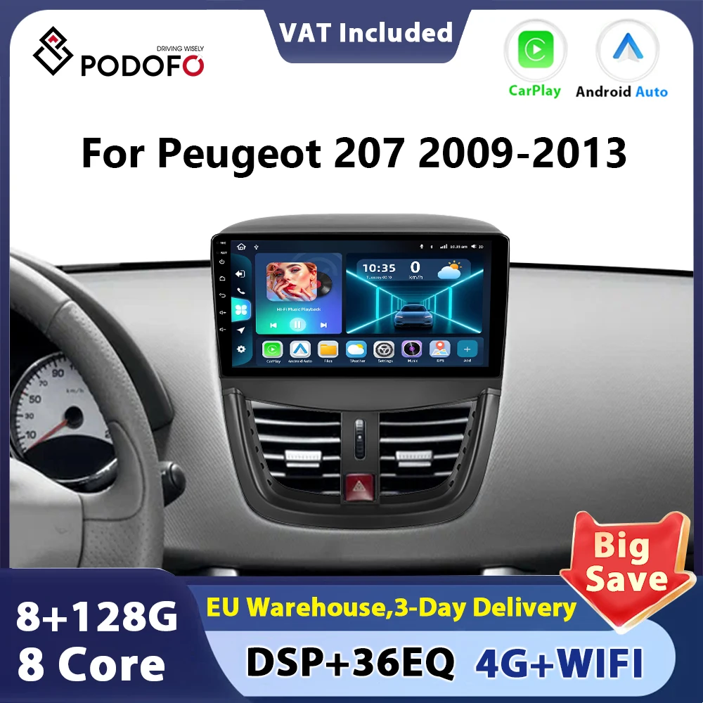 Podofo autoradio sans fil CarPlay Android Auto pour Peugeot 207 2009-2013 GPS Navigation voiture systèmes intelligents WiFi BT 2din autoradio