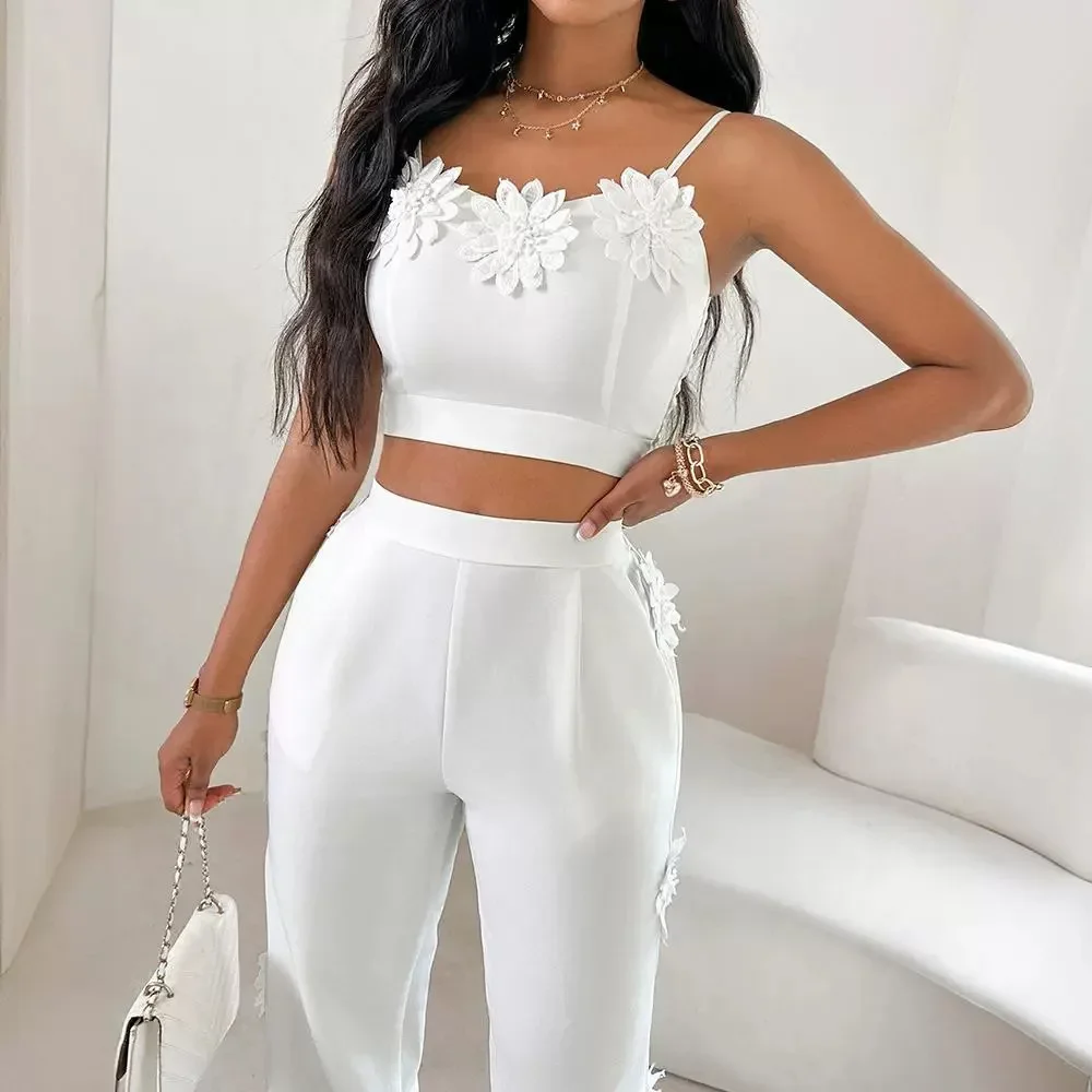 Floral Pattern Crop Cami Top & Pants Set Women Summer Sleeveless Tanks Top High Waist Pants Trousers Clothes Suit Solid Color