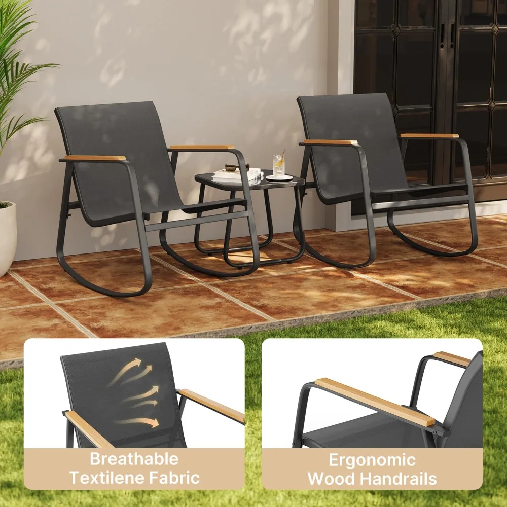 

3 Piece Rocking Bistro Set, Textilene Fabric Patio Furniture Set, Front Porch Rocker Chairs with Coffee Table for, Customized