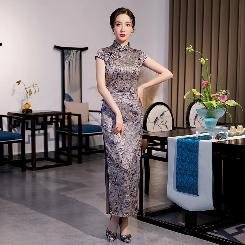 

Yourqipao Summer New Dress Double-layer Long Cheongsam Dress Chinese Style Women Qipao Mother Evening Dress