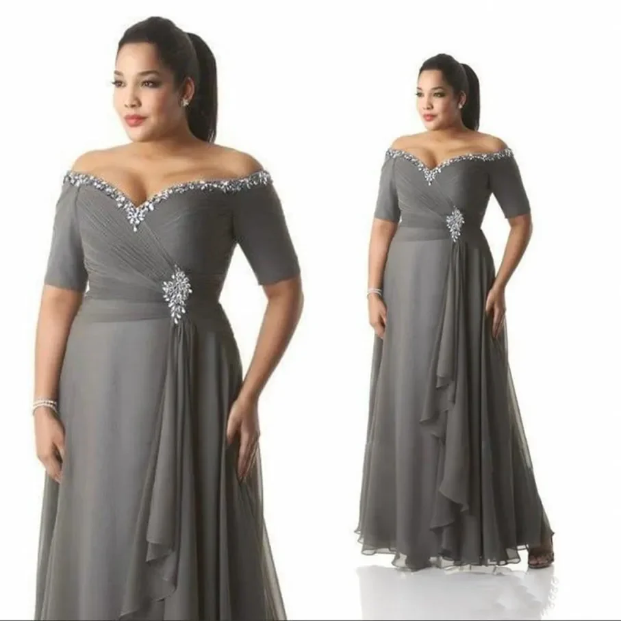 

Grey Mother of the Bride Groom Dresses Plus Size Off the Shoulder Cheap Chiffon Prom Party Gowns Long Evening Wear