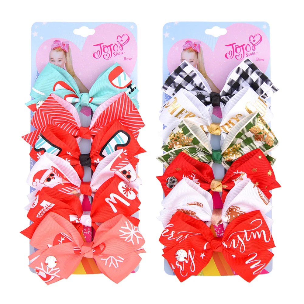 6Pcs/Set Christmas Printing JoJo Bows Hair Clip For Kids Girls Jojo Siwa Printed Ribbon Bows Hairpins Headwear Hair Accessories