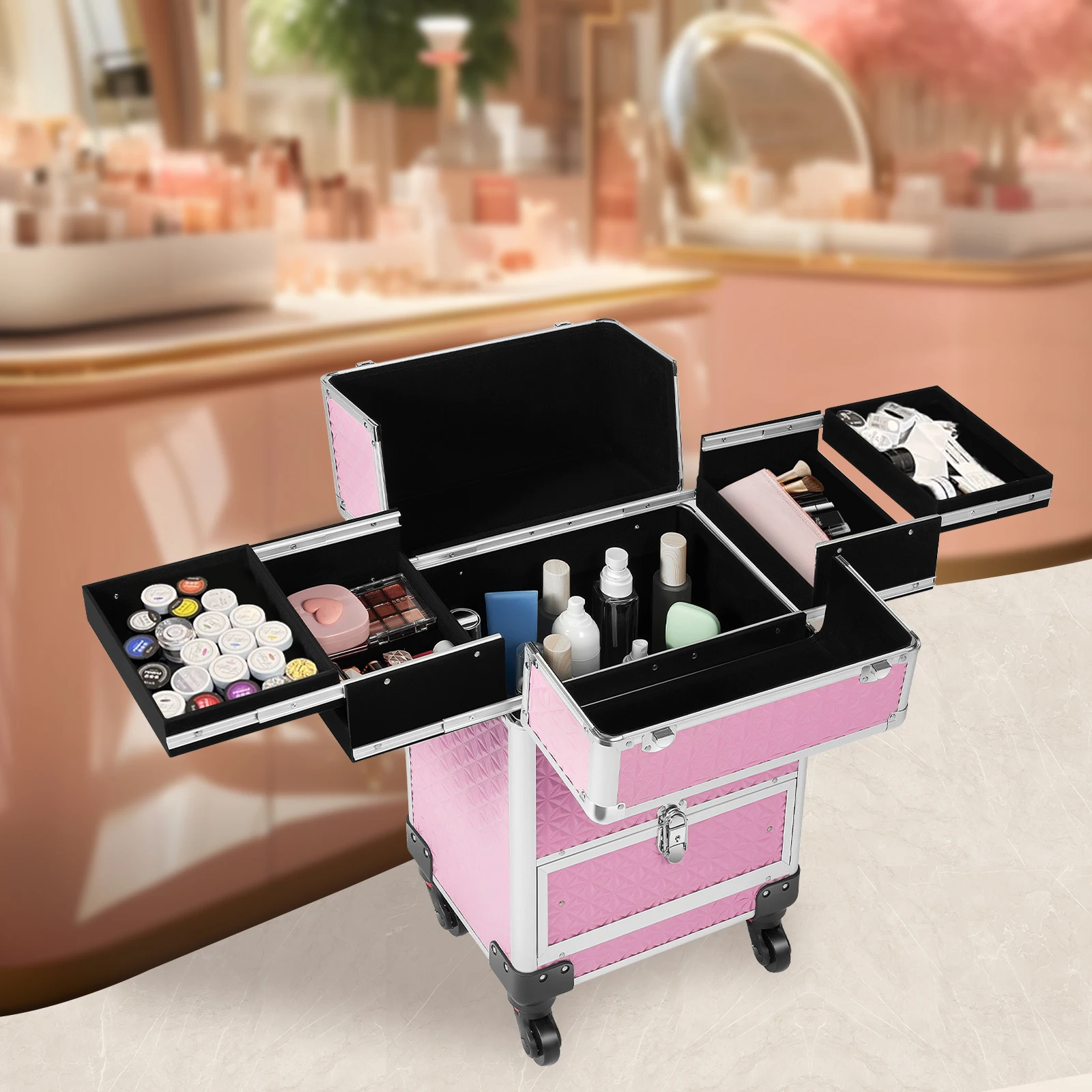 

Rolling Makeup Train Case with 1 Drawers 4 Compartments on The Folding Top Floor for Storing Scissors, Cosmetics, Jewelry, Combs