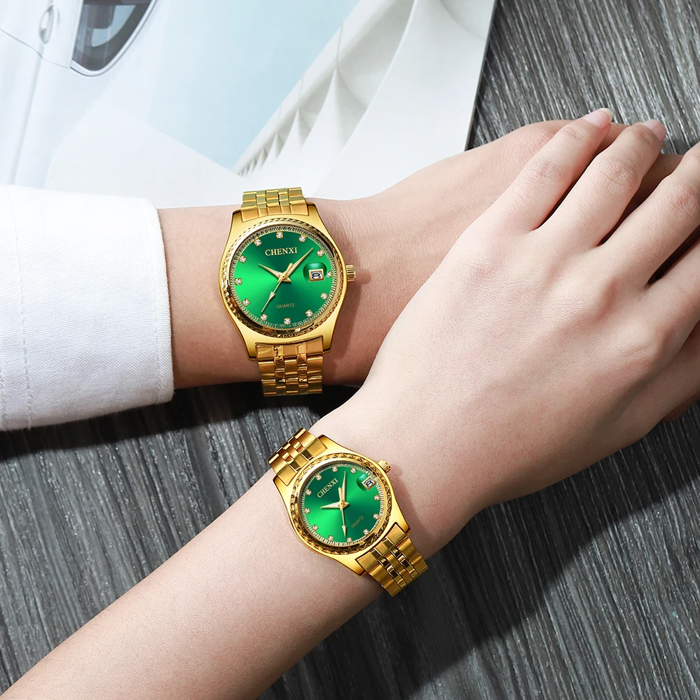 Новые мужские часы золото нержавеющая сталь дата кварцевые наручные часы, мода женские часы роскошный бренд пара часы подарок для влюбленных