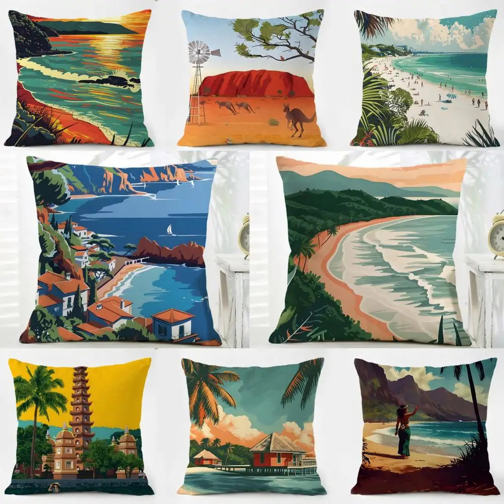 Tropical Scenic Hawaii Lahaina Travel Mountain Cushion Cover Iceland Washable Linen Soft  for Daily Sofa Bed Home Room Decor