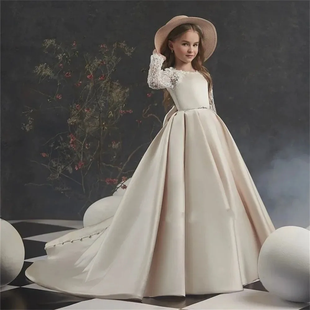 

Flower Girl Dress Satin Cute Long-Sleeved Lace Appliqué Bow First Communion Birthday Ball Party Custom Formal Attire