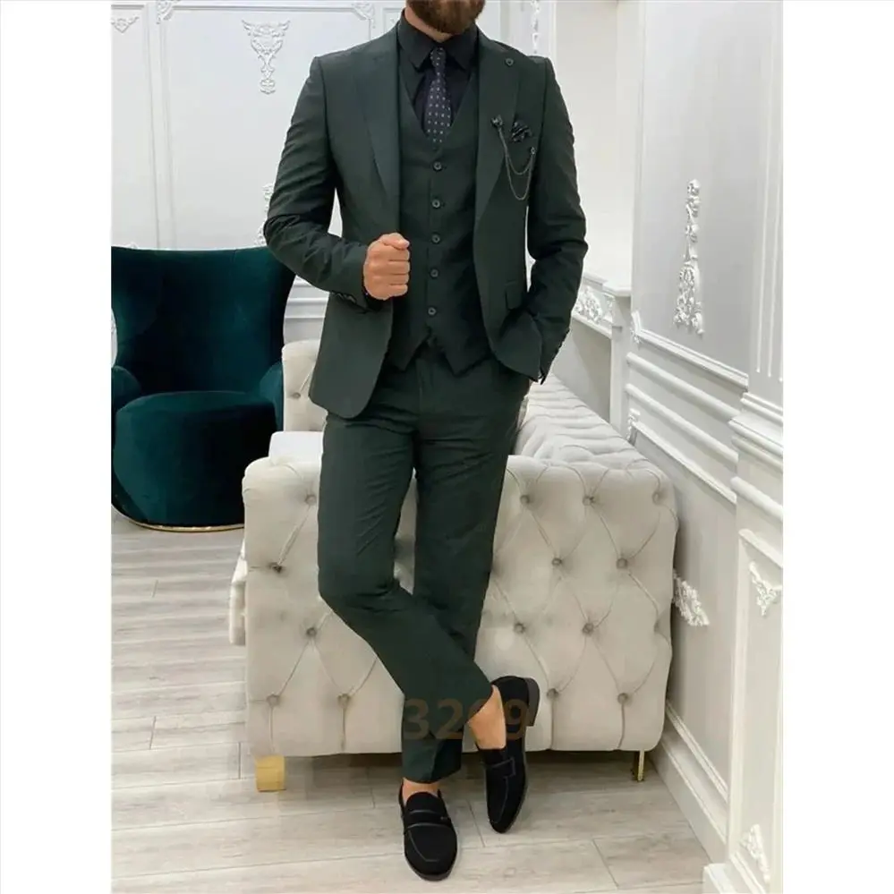 2024 Post Green Suits Men Suits 3 Pieces Wedding Wear Business Male Groom Wedding Dress Jacket Vest Pants Set Blazers Coat