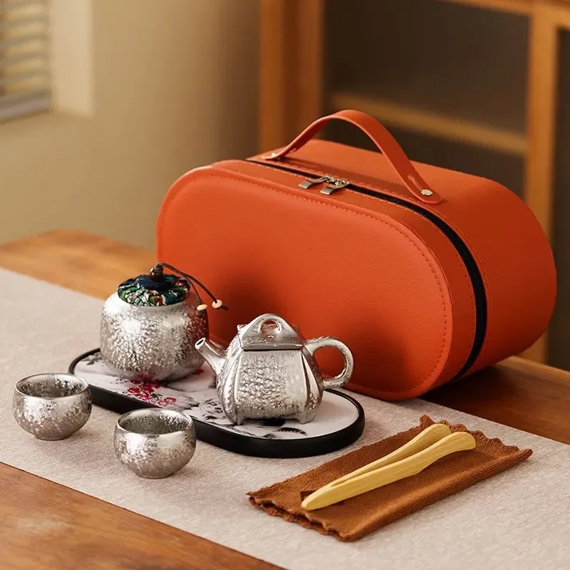 Liu Yin Retro Travel Kung Fu Tea Set, One Pot Two Cups with Tea Tray & Tea Caddy, Portable Outdoor Express Cup
