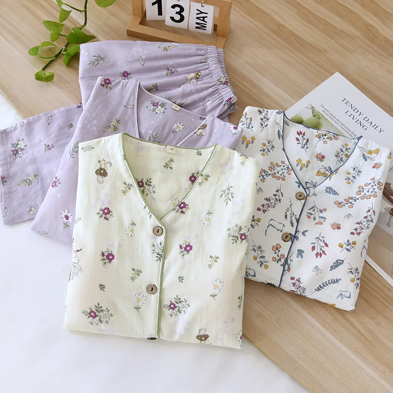 Spring Summer Pajamas Suit For Home Wear Cotton Women's Nightie Pyjamas With Chest Pads Loungewear Women Set Sleepwear