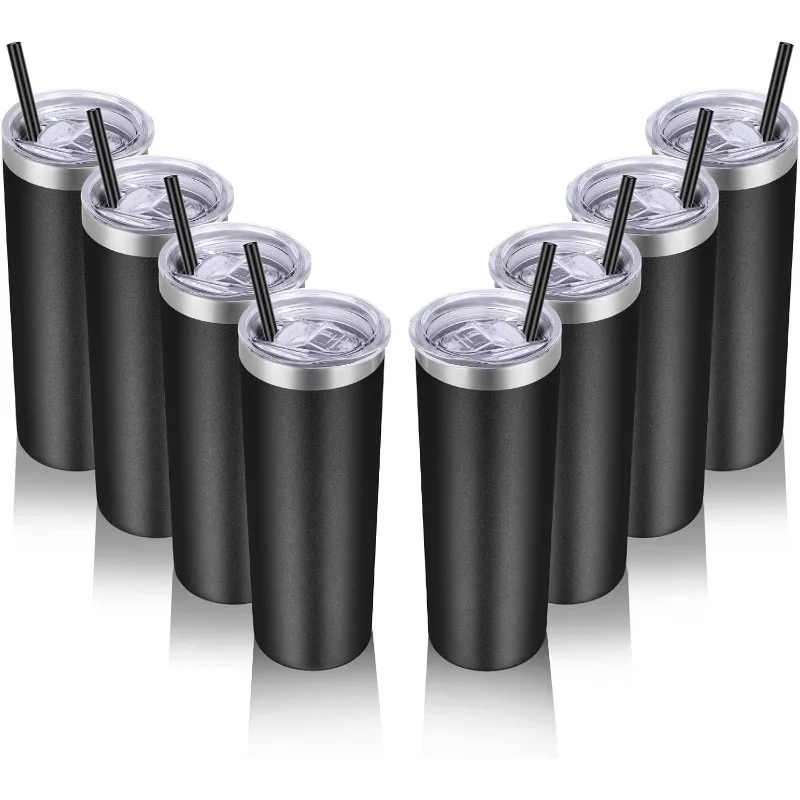 

Stainless Steel Tumblers Bulk 8 Pack, 20 oz Vacuum Insulated Skinny Tumblers with Lid and Straw, Double Wall Coffee Mug,