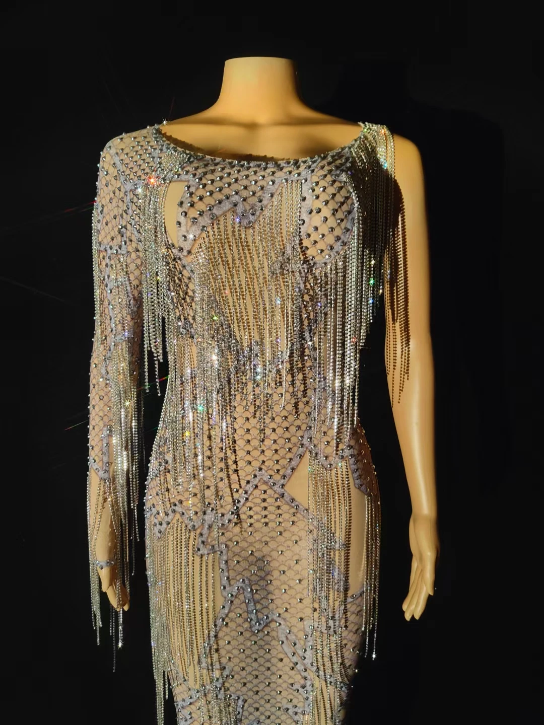 Vestido de malha transparente com strass sedutoras, sexy vestido de baile para senhoras, festa de aniversário, festa comemorar, luxo