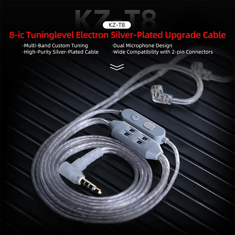 كابل مراقبة داخل الأذن KZ T8 للطلب المسبق سلك ضبط إلكتروني 8 مستويات مع سلك سماعات أذن قابل للاستبدال بصوت Hifi مزدوج الميكروفون
