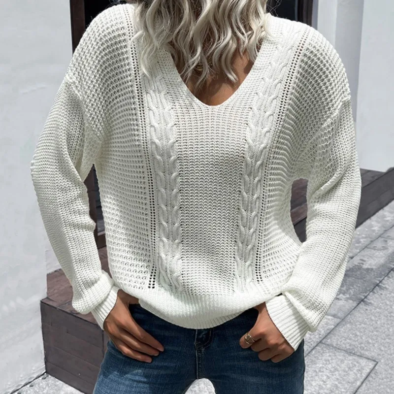 Elegant Solid Women's Knitted Sweater Autumn New Product V-Neck Pullover Fried Dough Twists Jacquard Casual White Sweater 2025