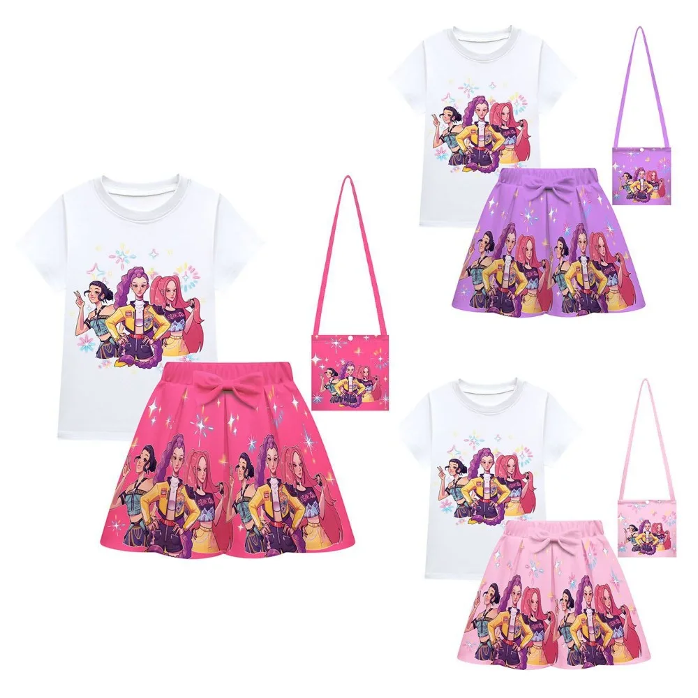 

Anime K-Pop Demon Hunters Clothes Girls Mira Rumi Zoey Tshirt+skirts Bag Suits Baby Girl Dress Kids Casual Cosplay Costume