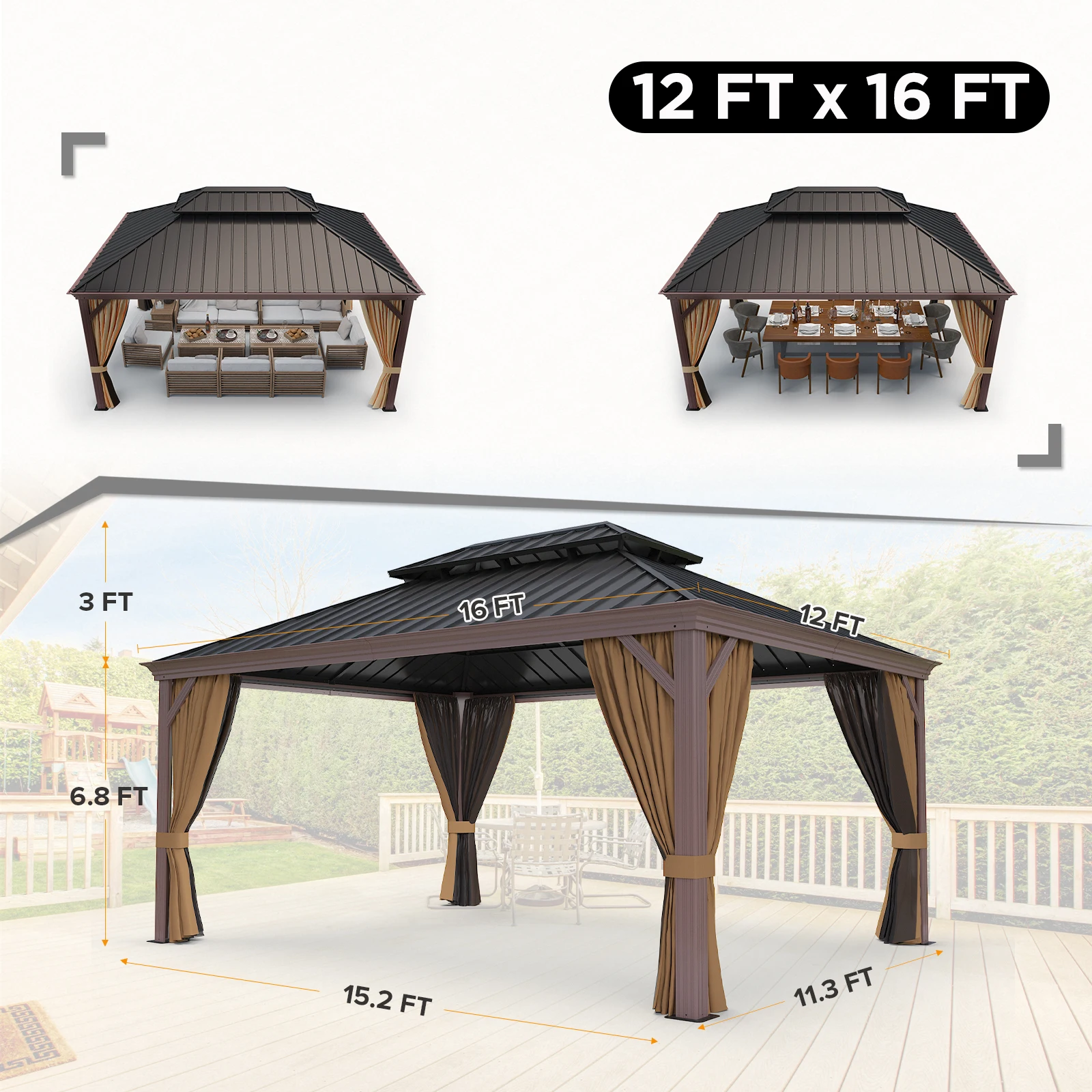 12x16 Hardtop Gazebo with Aluminum Frame, Galvanized Steel Double Roof Outdoor Pavilion with Netting and Curtains, Black