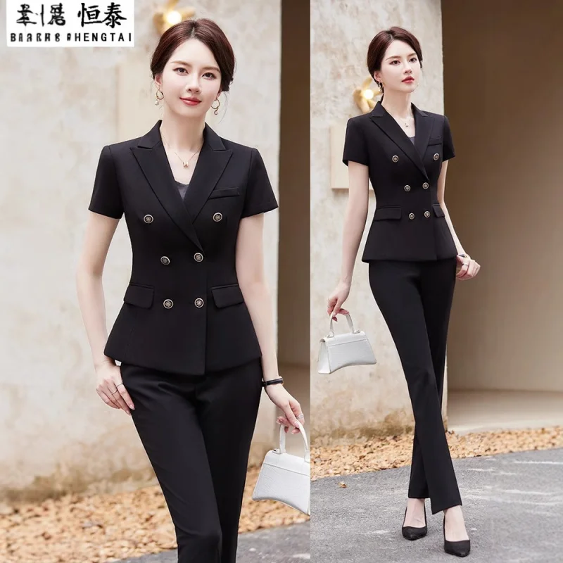 Professional Double-Breasted Suit for Women Summer Jewelry Store Workwear Hotel Reception Work Outfit Beautician Elegant Profess