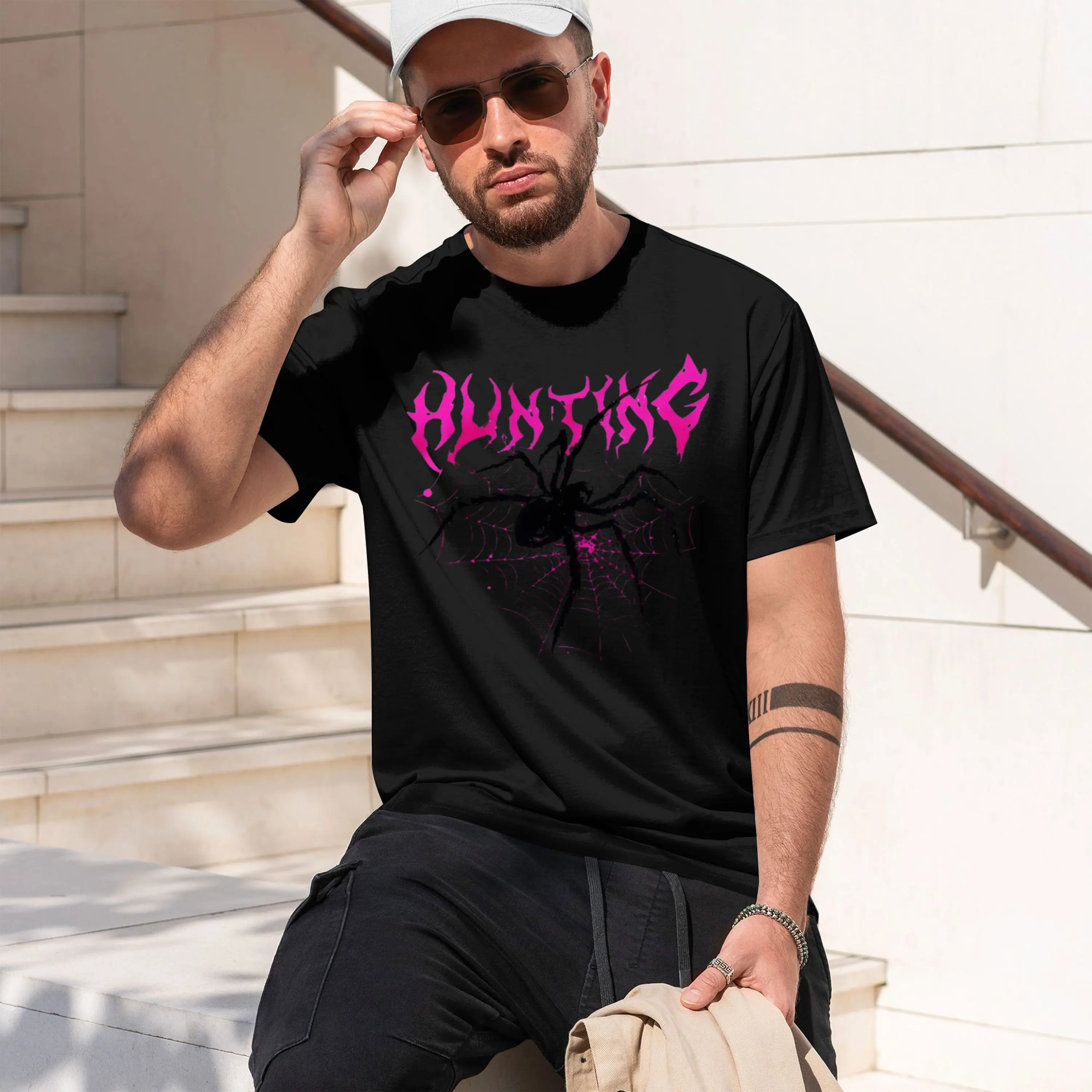 HUNTING Pink Web Goth Print d Tee Goth Punk Streetwear Unisex Casual Mens Graph Tshirts 2026 New Model Short-sleeve crewneck T-S
