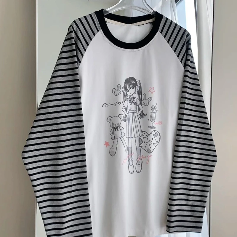 Japanese Kawaii Women T Shirt Fall Cartoon Print Sweet Loose Long Sleeve Tees Harajuku Aesthetic Cute All Match O Neck Tops New