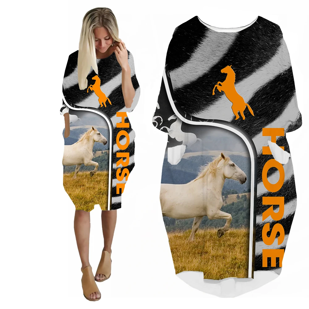 SONSPEE Zebra Stripe 3D Printing Women's Dress Love Horse Pattern Skirt New Beautiful Horse Graphic Hip Hop Long Sleeve Robe