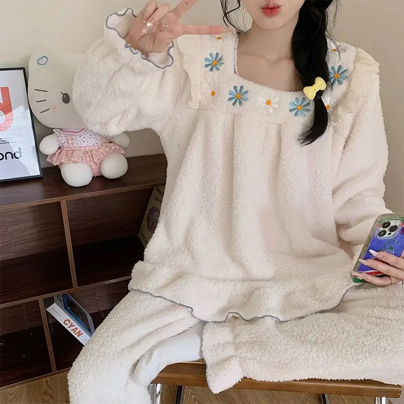 

Зима 2025 года, толстые теплые фланелевые пижамные комплекты с длинными рукавами для женщин, корейская милая одежда для сна из кораллового флиса, домашняя одежда, домашняя одежда
