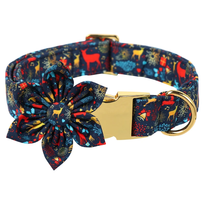 Unique Style Paws Blue Deer Christmas Dog Collar, Christmas Dog Collar with Flower Bowtie for Small Medium Large Dog