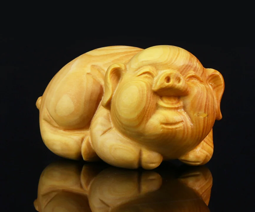 2.4" Chinese Box-Wood Hand Carved Fengshui 12 Zodiac Animal Pig Wealth Statue