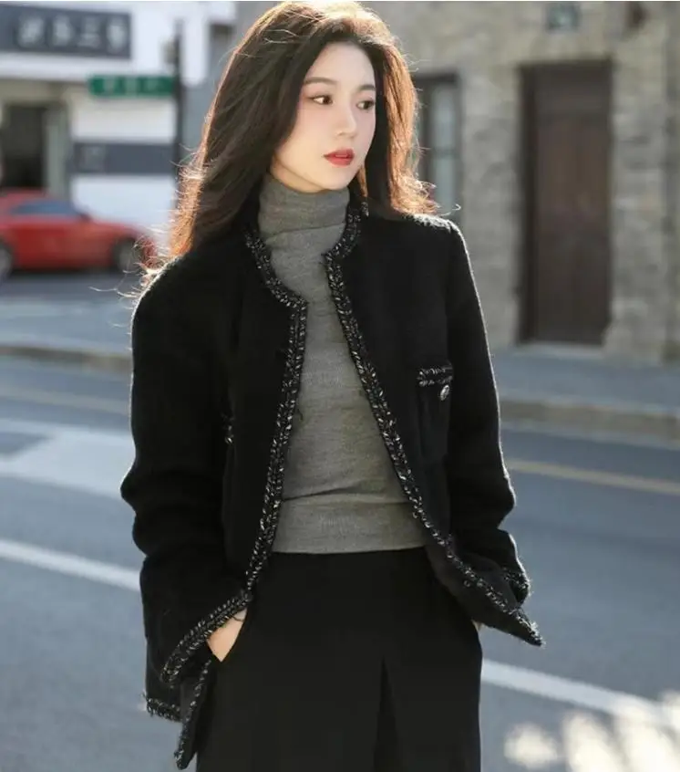 Autumn Winter Tweed Padded Short Jacket Women Thick Warm Coat Casual Long Sleeve Patchwork Elegant Plus Size M-4XL Black Clothes