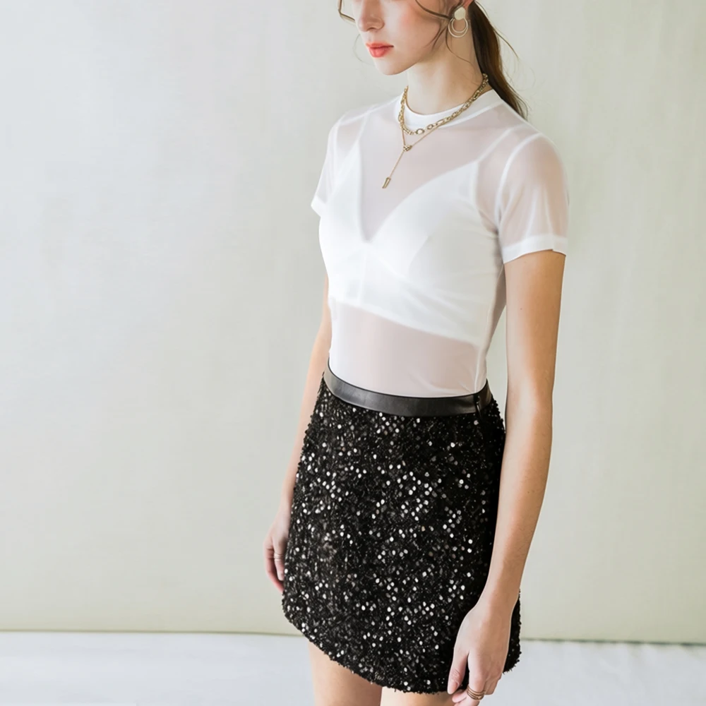 

Women Y2K Transparent Mesh T Shirt O Neck Short Sleeve Shirt Girls Slim Stretch Tees S-XL Black White Solid Colors Top Clothes