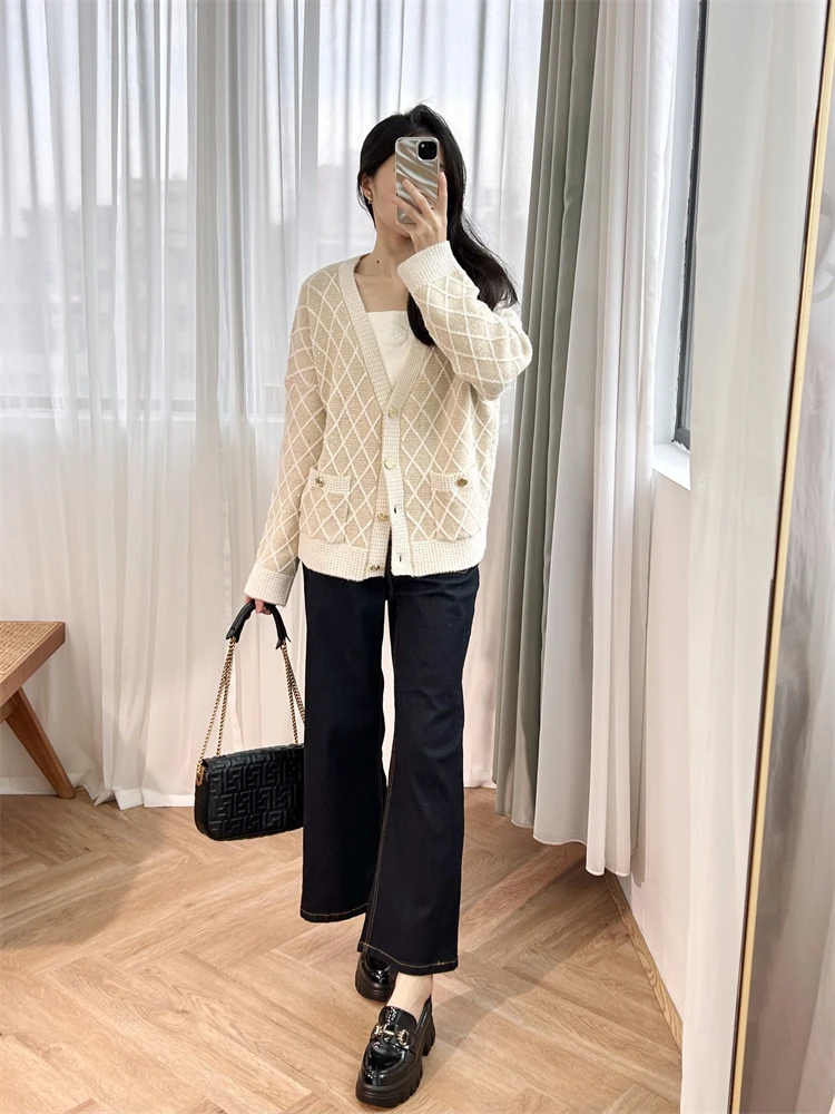 Cardigan women Plaid cardigan style fashionable top, woolen knit, M Home 2024 spring/summer new collection Fashion