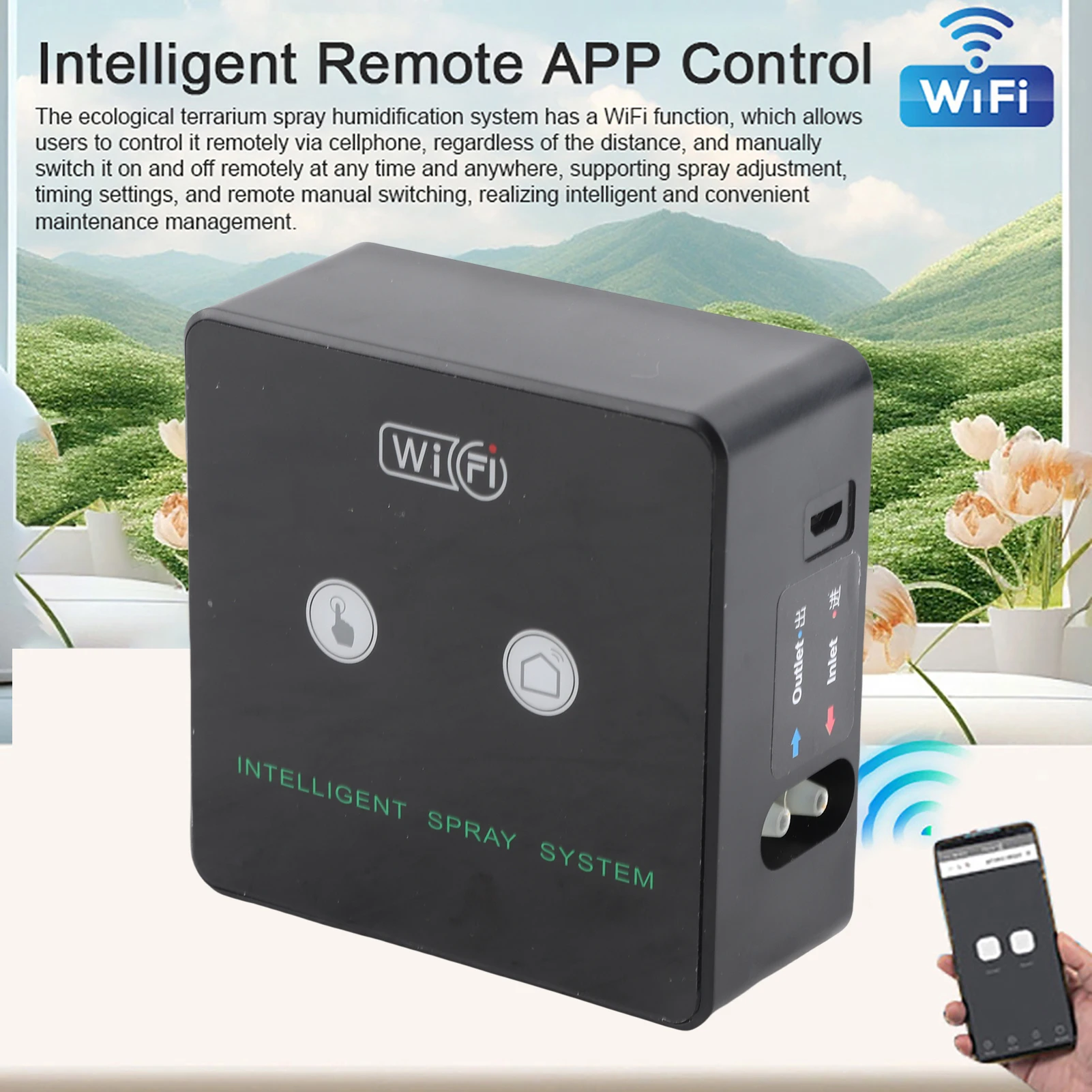 Wifi Rainforest aquarium timed atomization system, Reptile intelligent humidification spray kit, automatic sprayer 360° nozzle