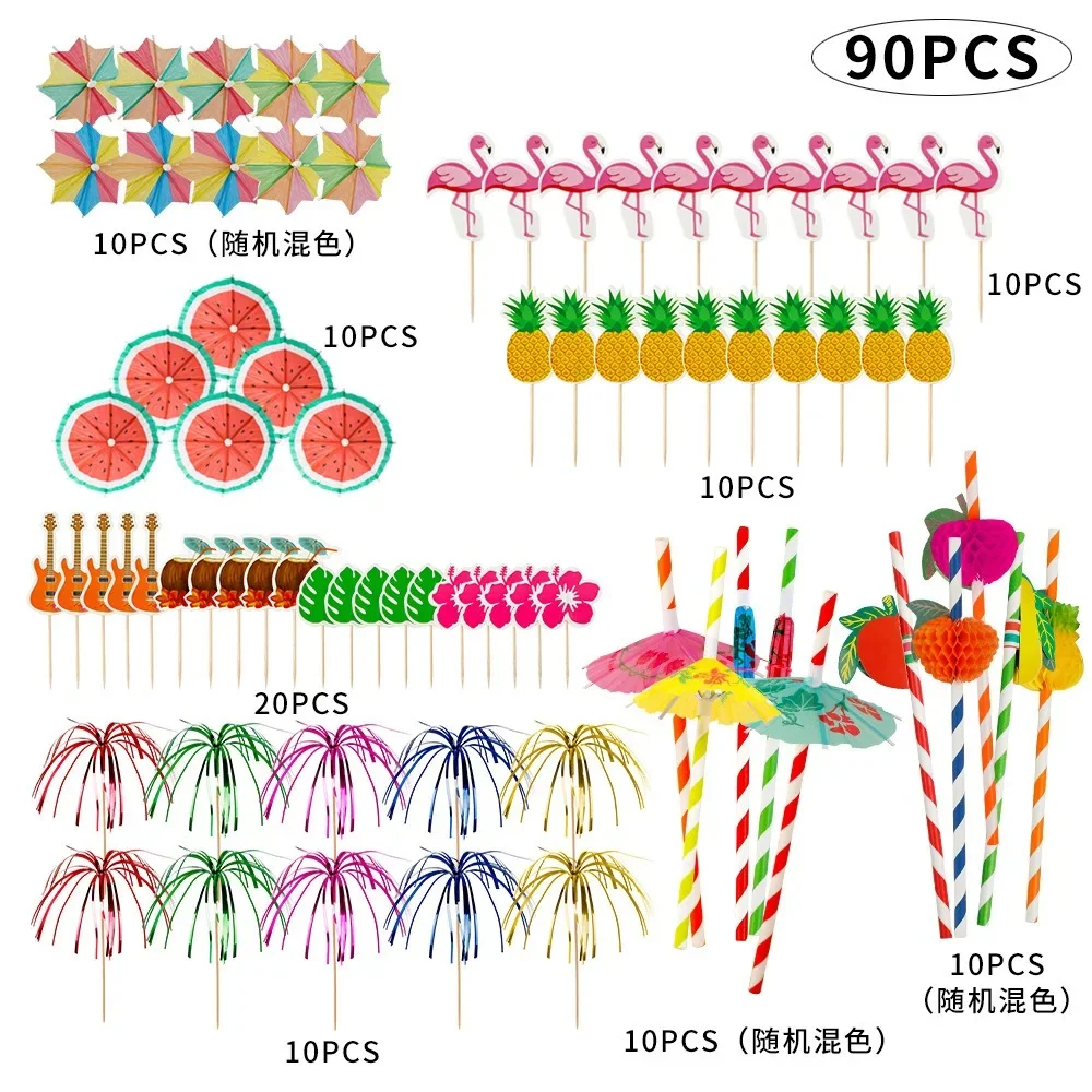 Decoración temática hawaiana, palillo de dientes, pajitas de papel de panal, flamenco, piña, sandía, paraguas, Feliz Verano, suministros para