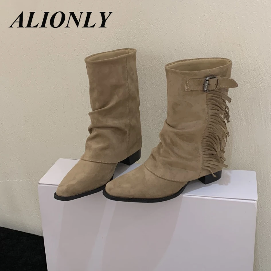 Alionly 2026 New Women Knee-High Boots Fashion Design Buckle Strap Pointed Toe Square Low Heels Female Shoes Zapatos De Mujer