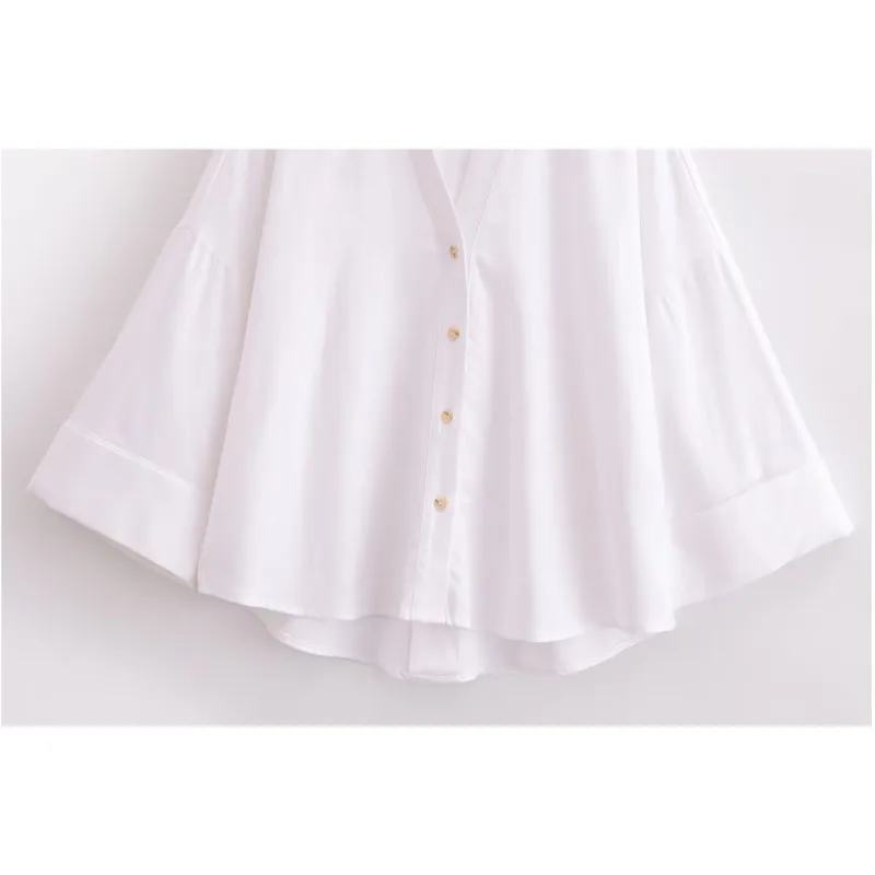 Women Wide Sleeved Shirt Pure Cotton Asymmetric Hem Button Women's Shirts Simple Lady Johnny Collar Shirts & Blouses