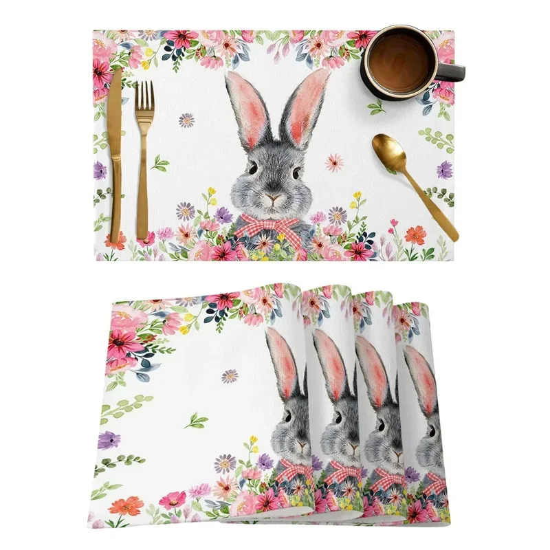 Easter Rabbit Folwer Linen Placemats for Dining Table Decor Spring Farmhouse Table Mats for Home Kitchen Easter Party Decoration