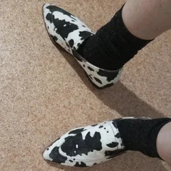 2025 Pointed Toe Casual Flat Loafers Women Shoes Black Cow Pattern Shallow Single Shoes