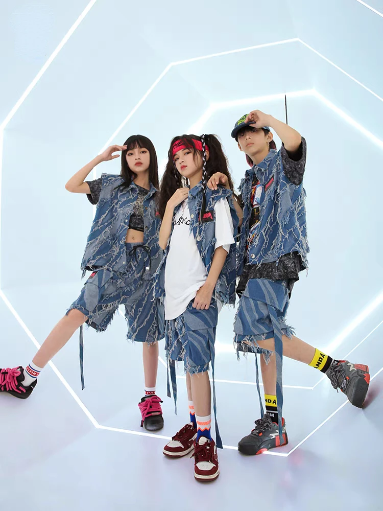 Neue Hip Hop Street Dance Kleidung für Kinder Blau Denim Weste Shorts T-shirt Jungen Mädchen Jazz Performance Kostüm Teenager Bühne Outfits
