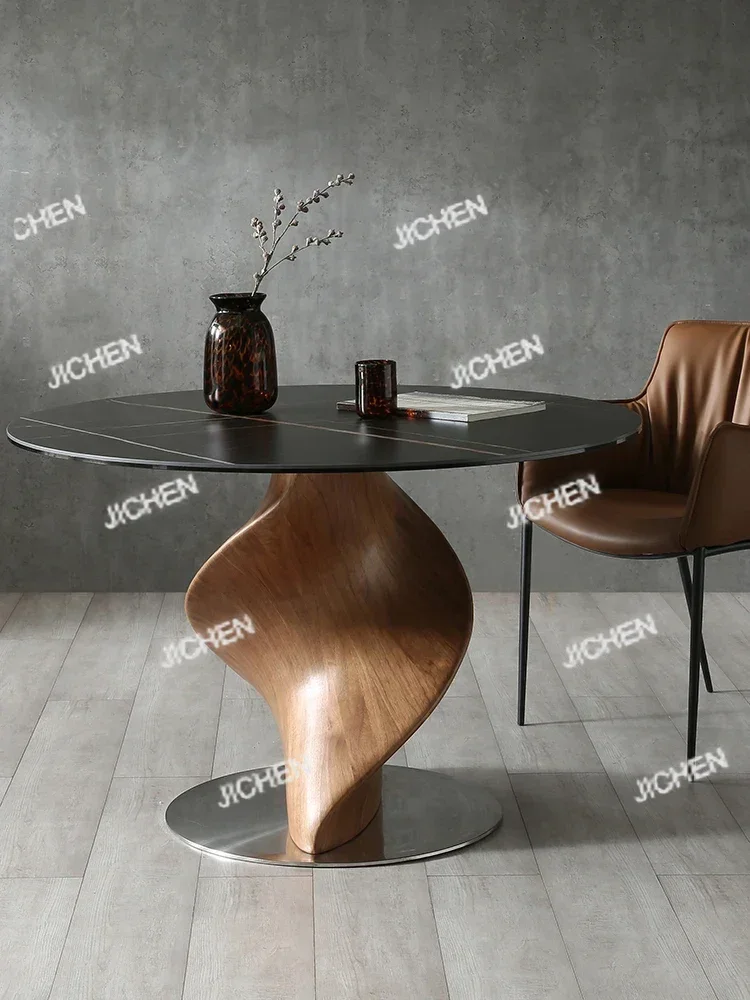 

HSDining Table round Walnut Light Luxury Dining Table Glass