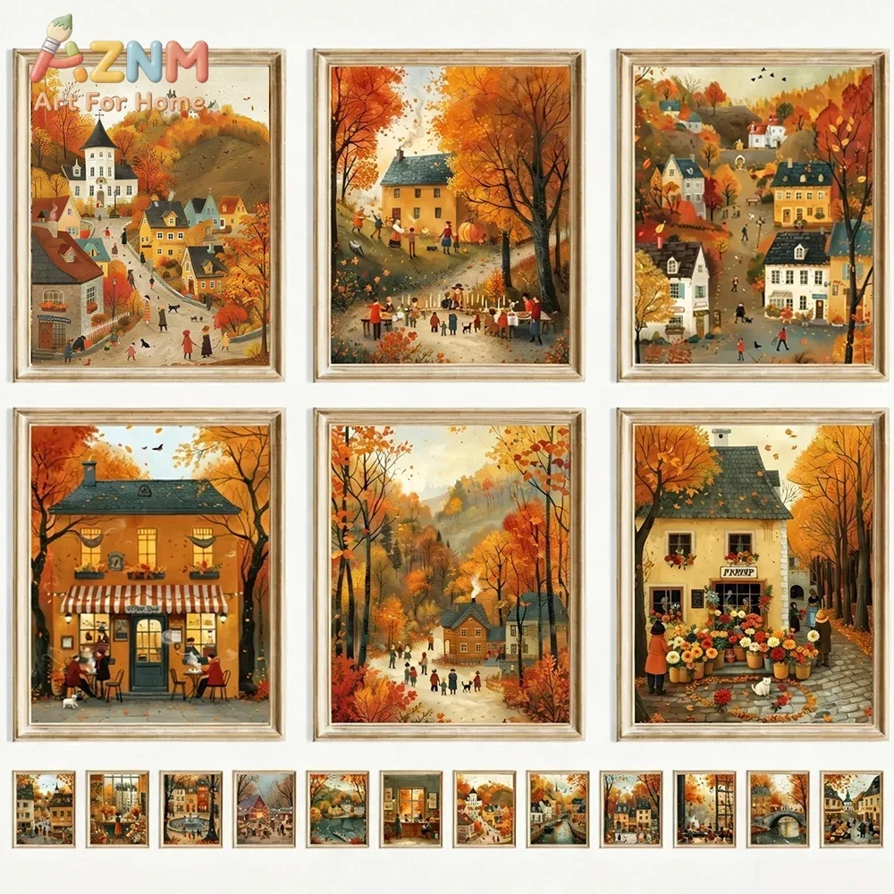 AZNM Autumn Small Town Canvas Wall Art, Warm Fall Village Street Scenery Illustration Print, Cozy Harvest Season Landscape Poste