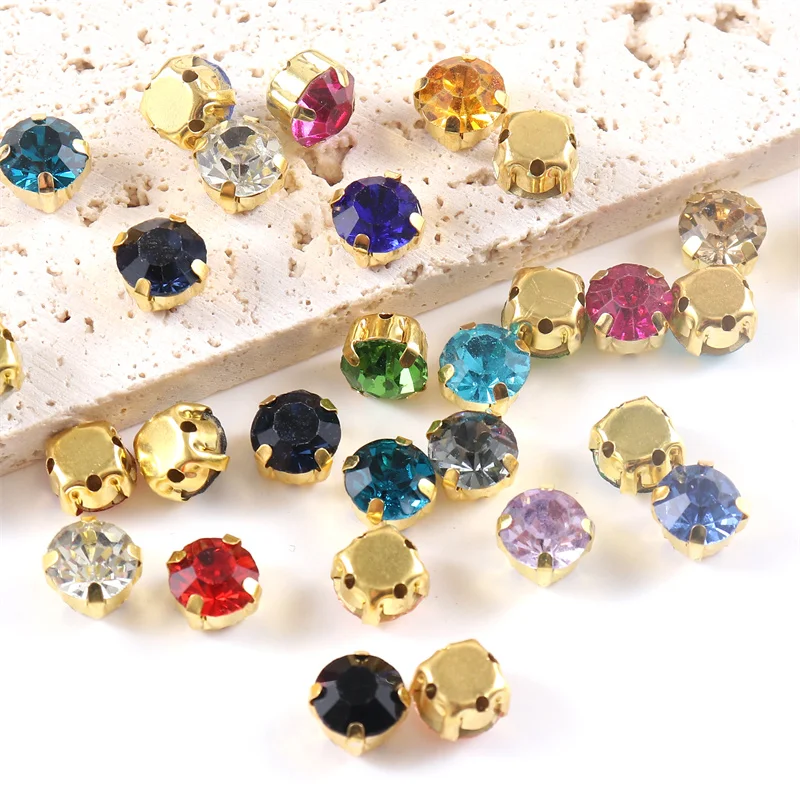 4mm-8mm Glitter Glass Sewing Rhinestones with Gold Base Round Crystal Strass stones for diamond Jewellery clothes diy