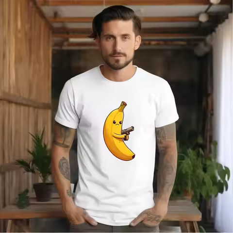 Funny Banana Gun T Shirt Angry Cartoon Gangster Fruit Bannana Peel Top