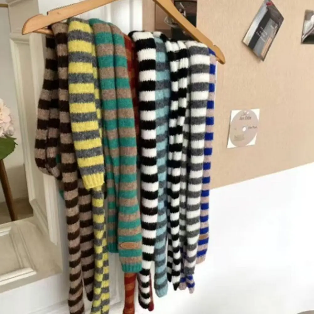 

Black Grey Stripe Women Long Scarves Cotton Slim Decorative Neckerchief Warm Neck Knitted Skinny Scarf Fashion Streetwear