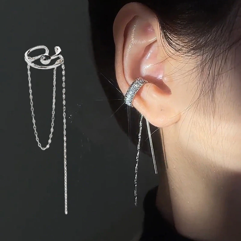 Crystal Ear Clip Earrings for Women 1pc Simple Long Chain 1pc Non Piercing Earcuff Earing Party Y2k Fashion Jewelry Gifts KDE126