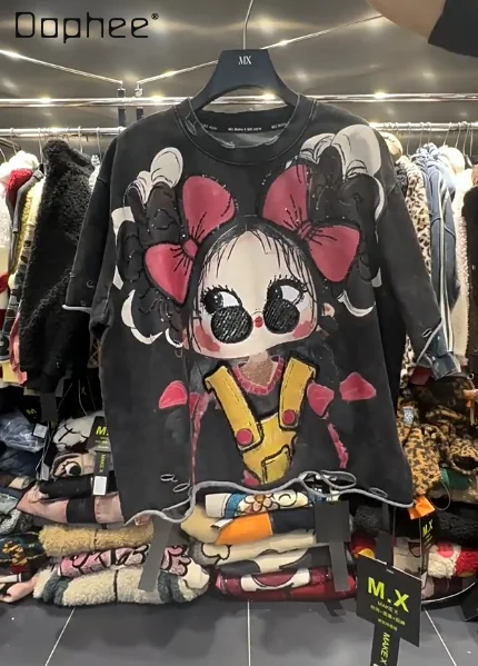 

Black T-shirt for Women Ripped Design Cartoon Little Girl Sequin Print Short Sleeve T-shirt Loose Casual Half Sleeve Top Trendy