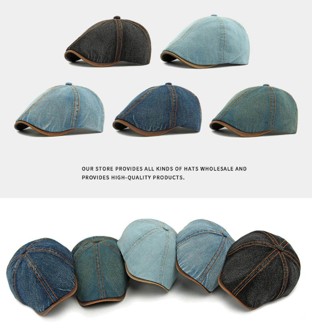 HT4735 Baskenmütze für Männer und Frauen, Vintage-Künstlermaler, achteckige Baskenmütze, 6 Panels, Denim-Efeu, flache Kappe, männlich, weiblich, Frühlings-Baskenmütze – Detail 1
