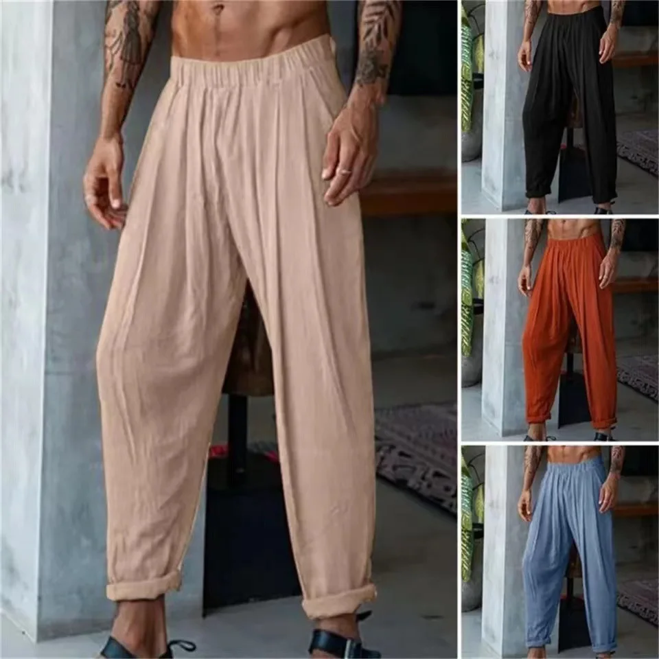 

Cotton and linen elastic waist straight breathable casual trousers