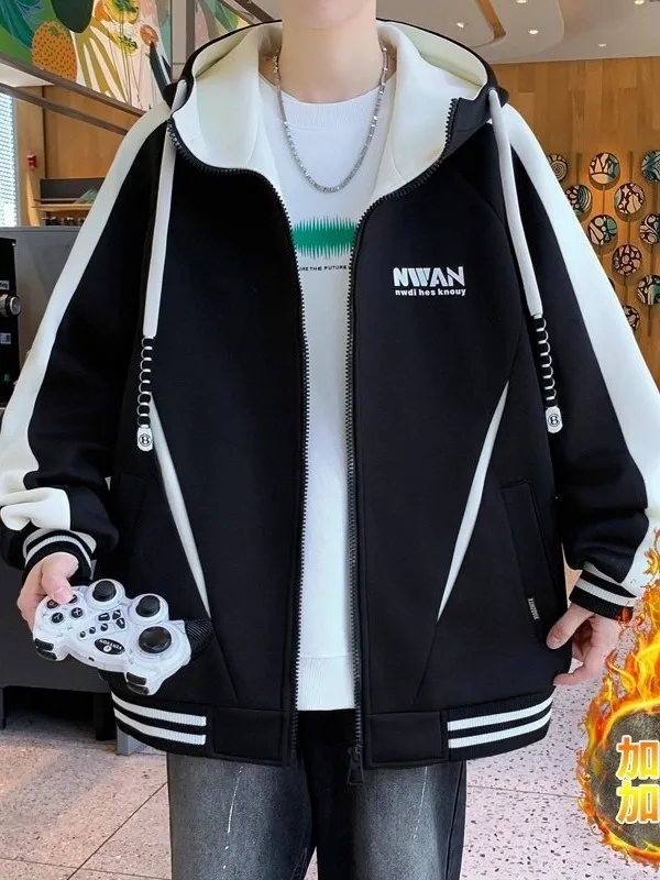 

Мужская толстовка на флисовой подкладке с капюшоном, теплая, большого размера, молодежная, повседневная, с длинными рукавами, на молнии