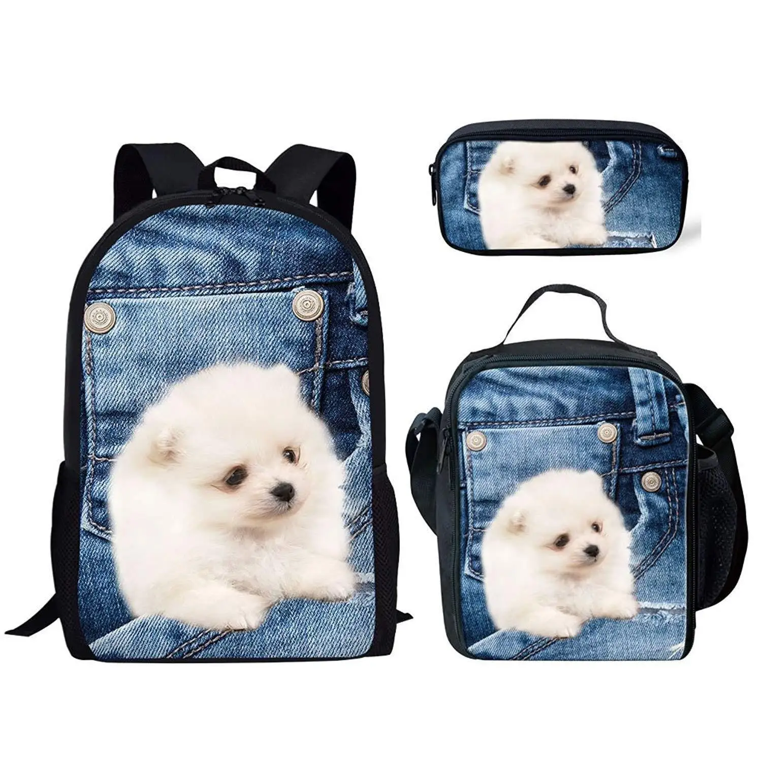 Cartoon Denim Pocket Cat/Dog 3pcs/Set Backpack 3D Print School Student Bookbag Anime Laptop Daypack Lunch Bag Pencil Case