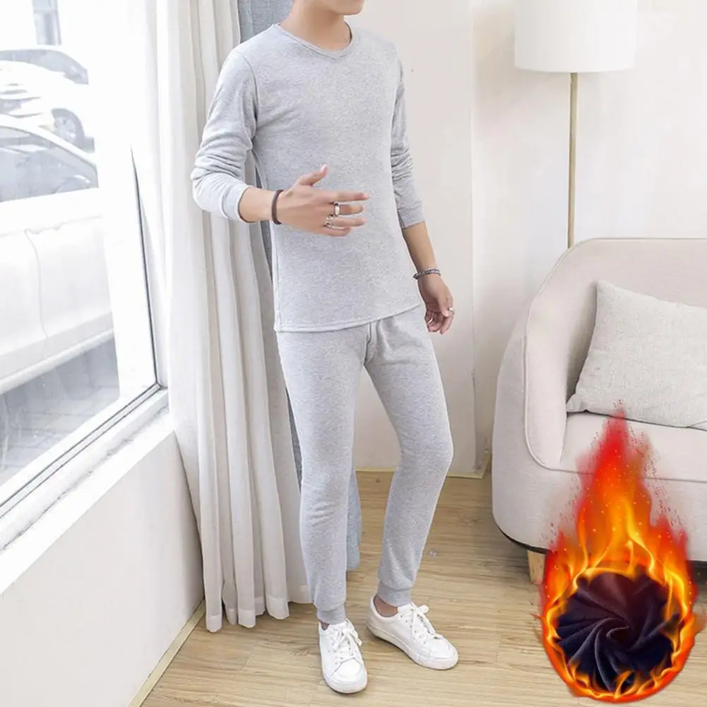 Nyaman termal pakaian dalam Set pria termal pakaian dalam Set hangat Slim Fit elastis piyama untuk Homewear warna Solid pria setelan