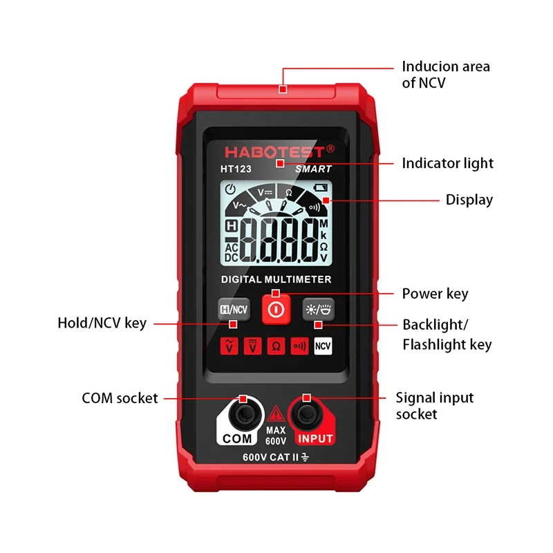 HT123 Smart Digital Multimeter Voltage Meter Auto Range Multimeter NCV AC DC Voltage Resistance Continuity Tester with Backlight